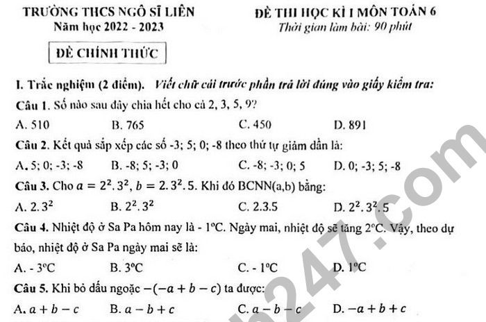 Đề thi học kì 1 lớp 6 năm 2022 môn Toán THCS Ngô Sĩ Liên