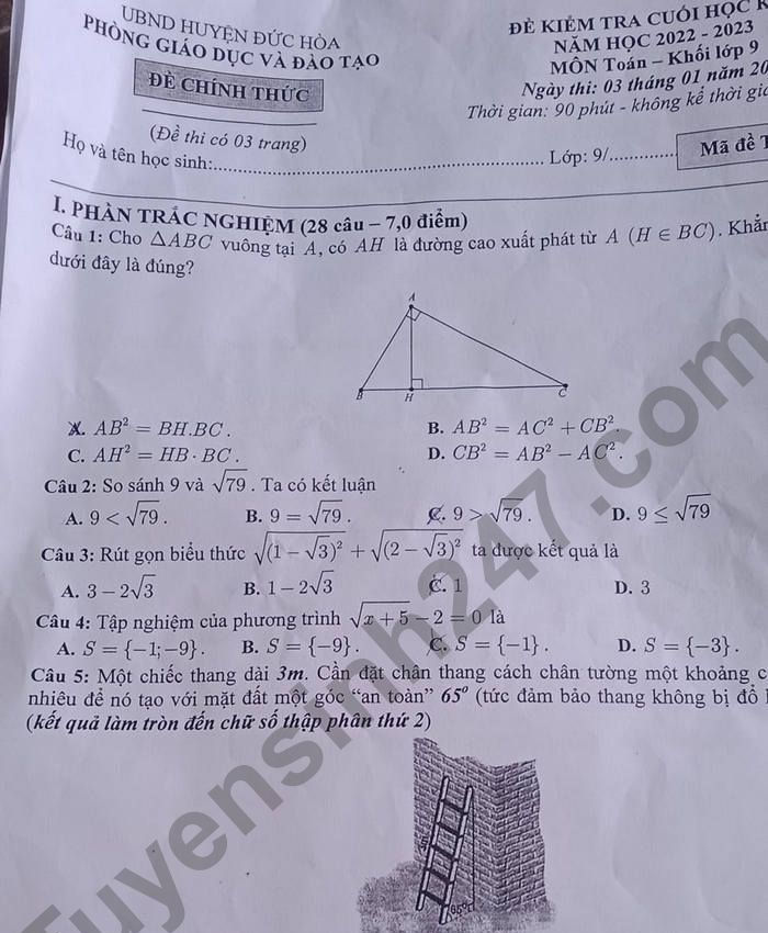 Đề thi kì 1 lớp 9 môn Toán 2022 Huyện Đức Hòa
