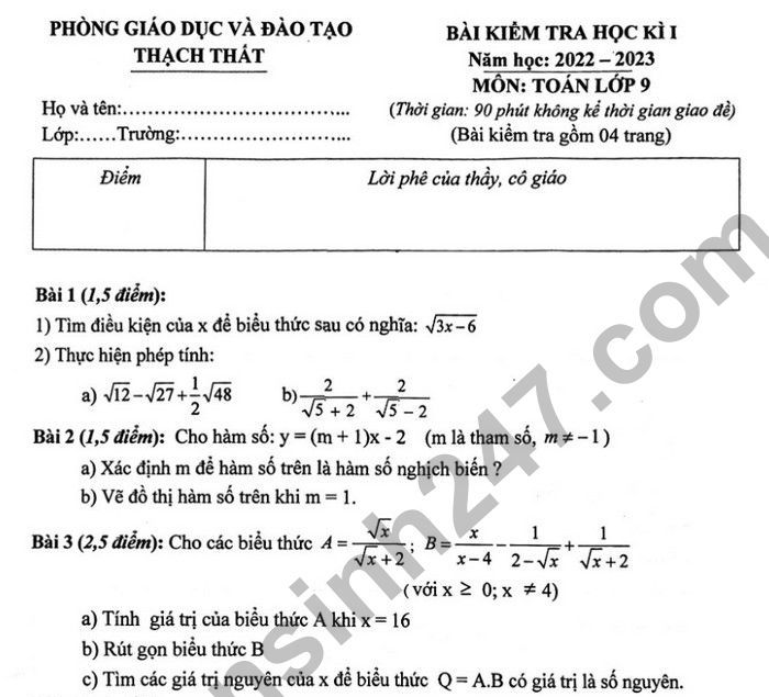 Đề thi cuối kì lớp 9 môn Toán 2022 Huyện Thạch Thất (Có đáp án)