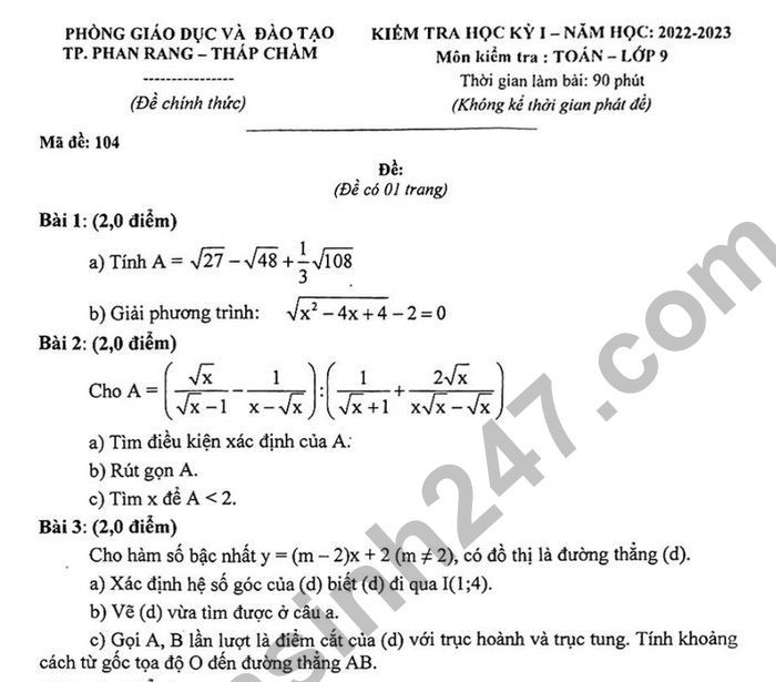 Đề thi kì 1 môn Toán lớp 9 năm 2022 - TP Phan Rang - Tháp Chàm