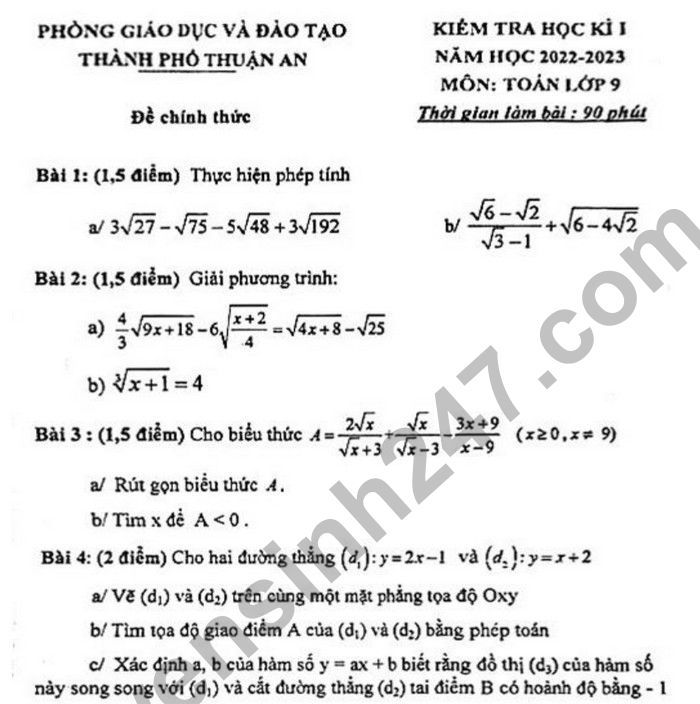 Đề thi học kì 1 môn Toán lớp 9 TP Thuận An 2022