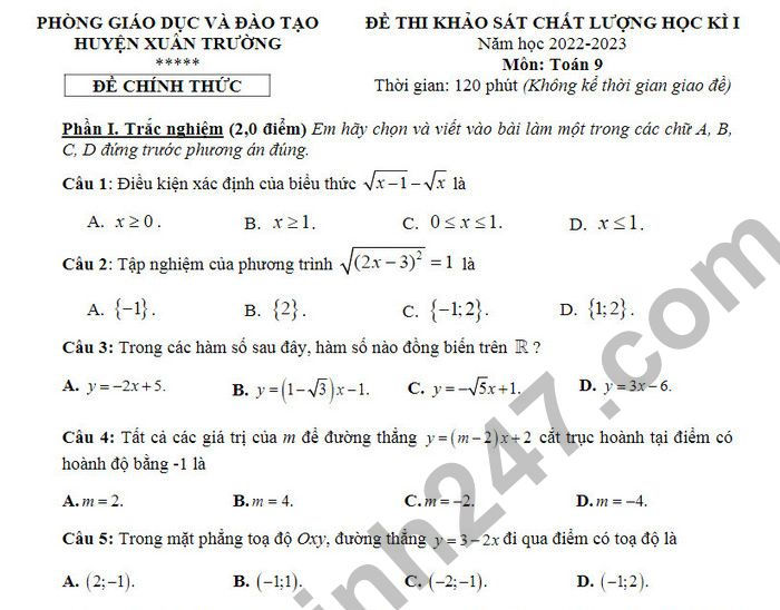 Đề thi kì 1 môn Toán lớp 9 năm 2022 Huyện Xuân Trường (Có đáp án)