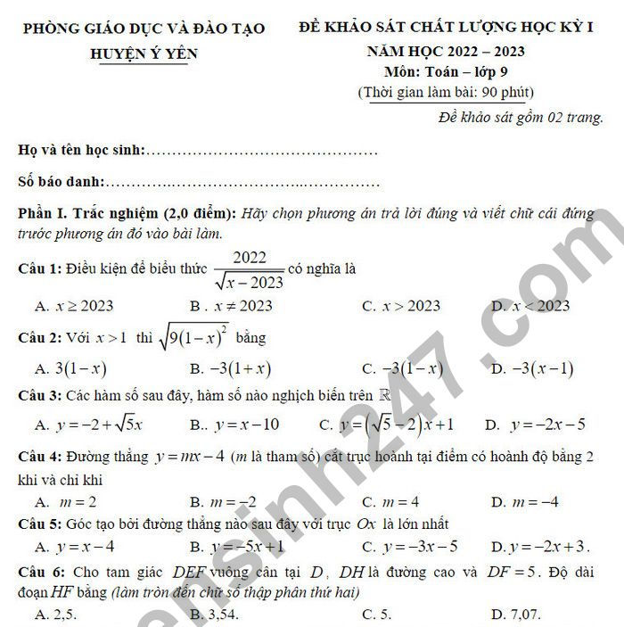 Đề thi cuối kì 1 môn Toán lớp 9 2022 Huyện Ý Yên (Có đáp án)