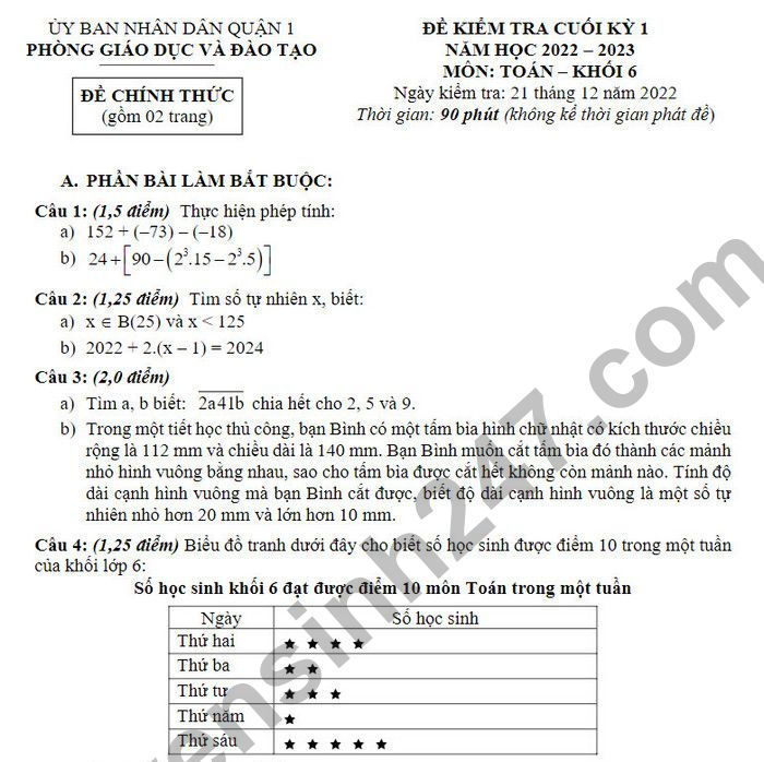 Đề thi học kì 1 môn Toán lớp 6 Quận 1 năm 2022
