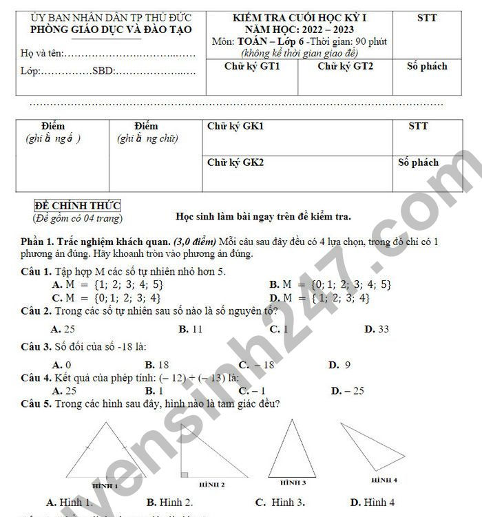 Đề kiểm tra kì 1 lớp 6 môn Toán 2022 TP Thủ Đức (Có đáp án)