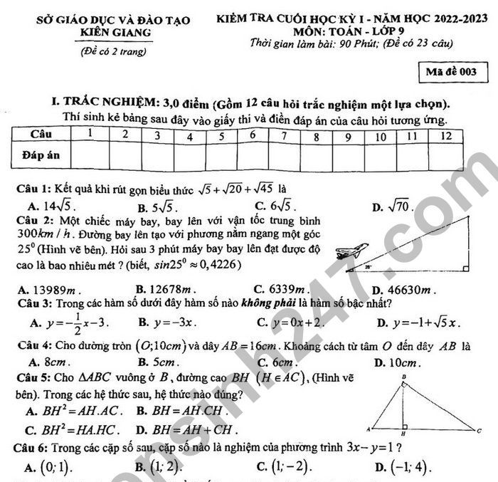 Đề thi cuối kì 1 môn Toán lớp 9 Sở GD Kiên Giang 2022