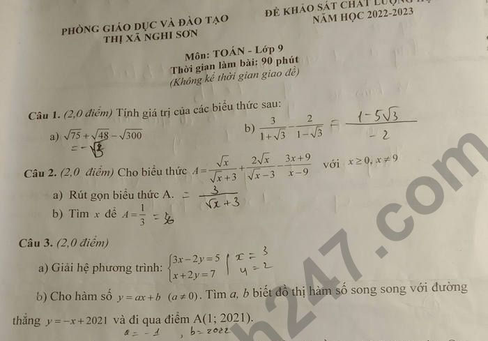 Đề thi học kì 1 lớp 9 năm 2022 môn Toán TX Nghi Sơn