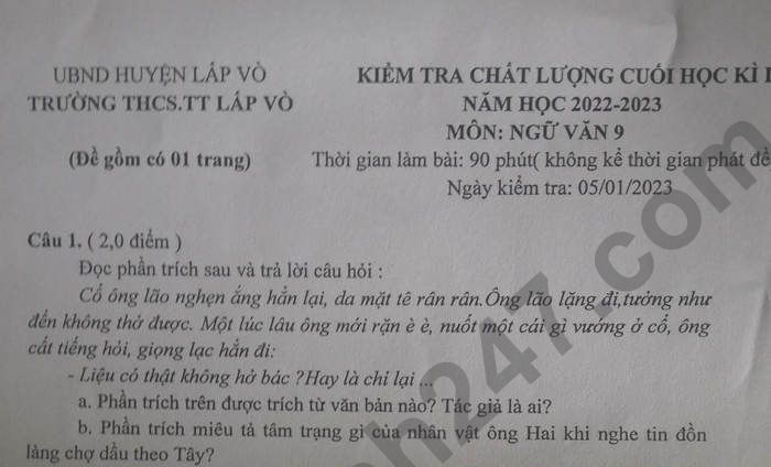 Đề thi HK 1 môn Văn lớp 9 THCS TT Lấp Vò 2022