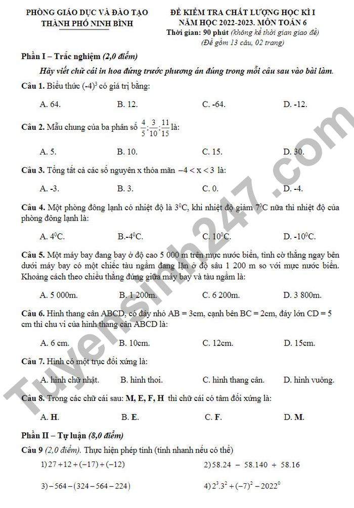 Đề thi kì 1 môn Toán lớp 6 TP Ninh Bình 2022 (Có đáp án)
