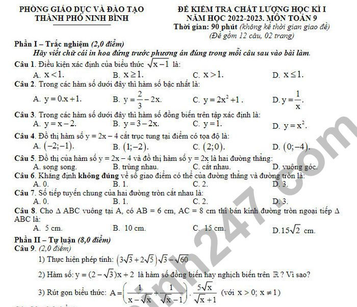 Đề thi học kì 1 môn Toán lớp 9 TP Ninh Bình 2022 (Có đáp án)