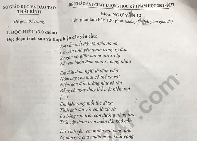 Đề thi kì 1 môn Văn Sở GD Thái Bình lớp 12 năm 2022