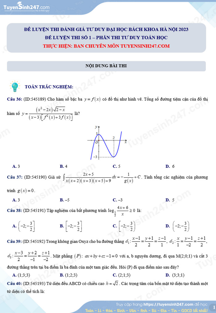 Đề ôn thi đánh giá tư duy Bách khoa - Phần Toán học (Có đáp án)