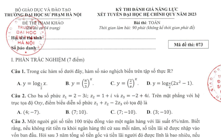 Đề tham khảo thi đánh giá năng lực Đại học Sư phạm Hà Nội 2023