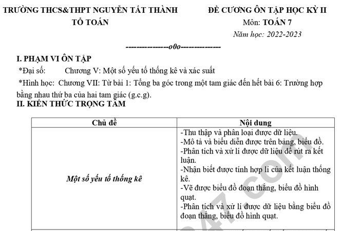Đề cương ôn tập kì 2 môn Toán lớp 7 - THCS THPT Nguyễn Tất Thành 2023