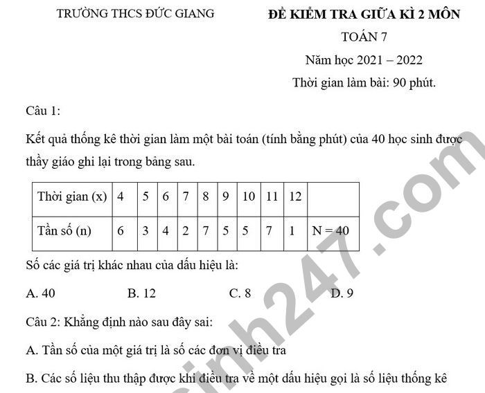 Đề giữa kì 2 lớp 7 năm 2022 môn Toán THCS Đức Giang (Có đáp án)