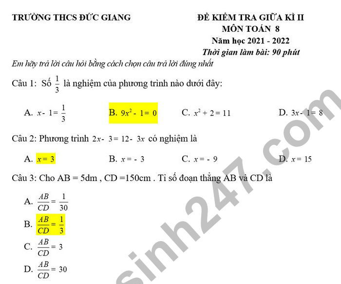 Đề thi GK 2 lớp 8 môn Toán 2022 THCS Đức Giang (Có đáp án)