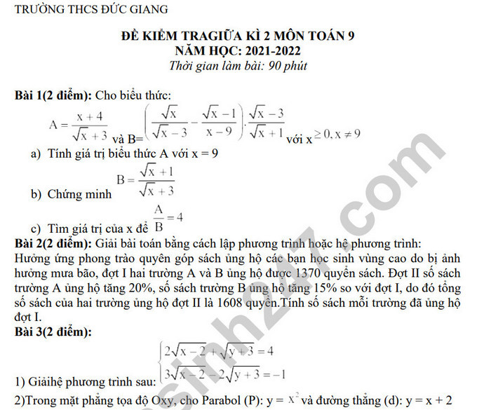 Đề thi giữa kì 2 môn Toán lớp 9 THCS Đức Giang 2022 (Có đáp án)