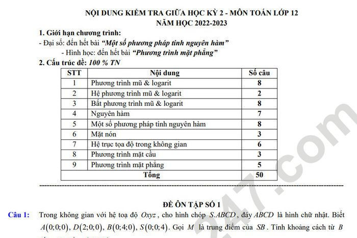Đề cương giữa kì 2 môn Toán lớp 12 THPT Việt Đức 2023