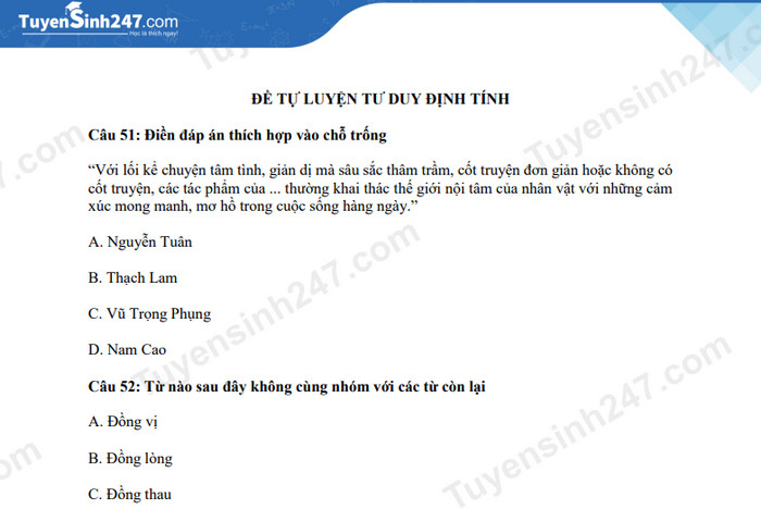 Đề ôn thi đánh giá năng lực có đáp án - ĐHQGHN phần định tính (Đề 1)