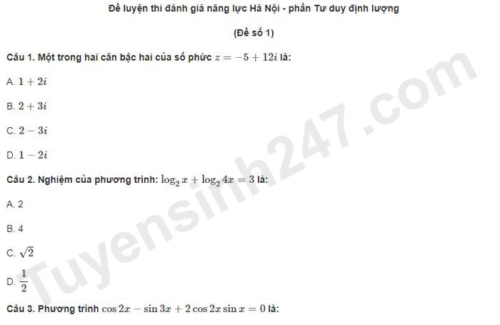 Đề thi thử số 1 - đánh giá năng lực ĐHQGHN phần định lượng