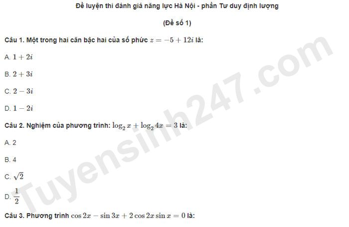 Đề luyện thi đánh giá năng lực Hà Nội - phần Tư duy định lượng (Đề số 1)