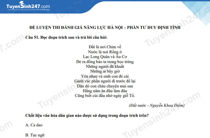 Đề ôn thi đánh giá năng lực Hà Nội phần định tính - Đề 3 có đáp án