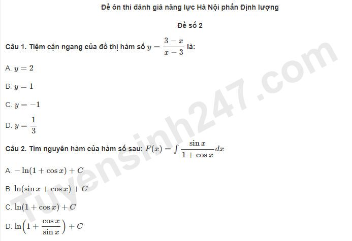 Đề ôn thi đánh giá năng lực Hà Nội phần Định lượng - Đề số 2