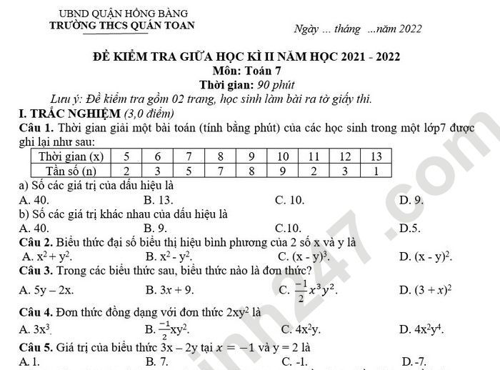 Đề thi giữa kì 2 môn Toán lớp 7 THCS Quán Toan 2022 (Có đáp án)
