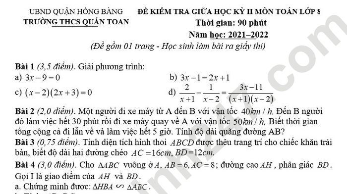 Đề thi giữa học kì 2 lớp 8 môn Toán 2022 THCS Quán Toan (Có đáp án)