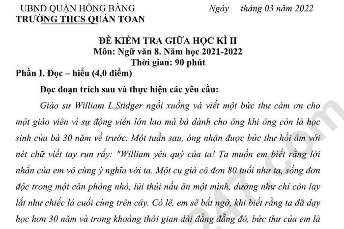 Đề thi giữa kì 2 lớp 8 môn Văn 2022 THCS Quán Toan (Có đáp án)