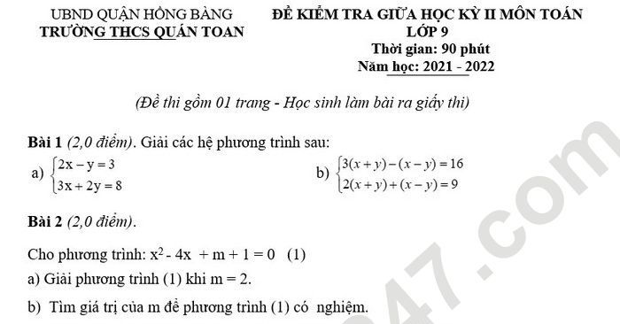 Đề thi giữa học kì 2 lớp 9 năm 2022 môn Toán THCS Quán Toan (Có đáp án)