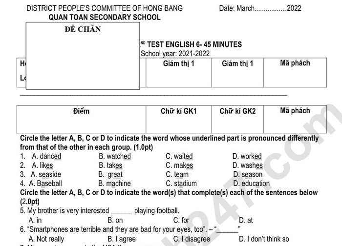 Đề thi giữa kì 2 lớp 6 môn Anh 2022 THCS Quán Toan (Có đáp án)
