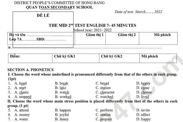 Đề thi giữa học kì 2 lớp 7 môn Anh 2022 - THCS Quán Toan (Có đáp án)