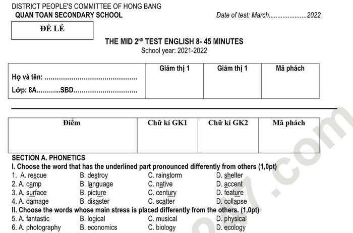 Đề thi giữa kì 2 môn Anh lớp 8 THCS Quán Toan 2022 (Có đáp án)