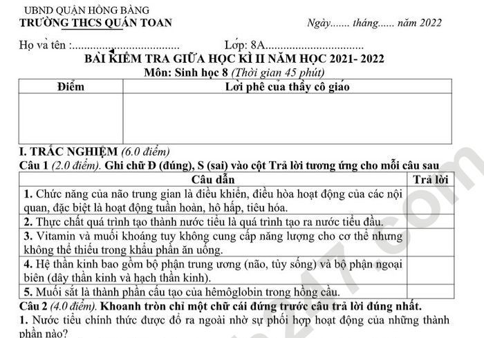 Đề thi giữa học kì 2 lớp 8 môn Sinh 2022 THCS Quán Toan (Có đáp án)