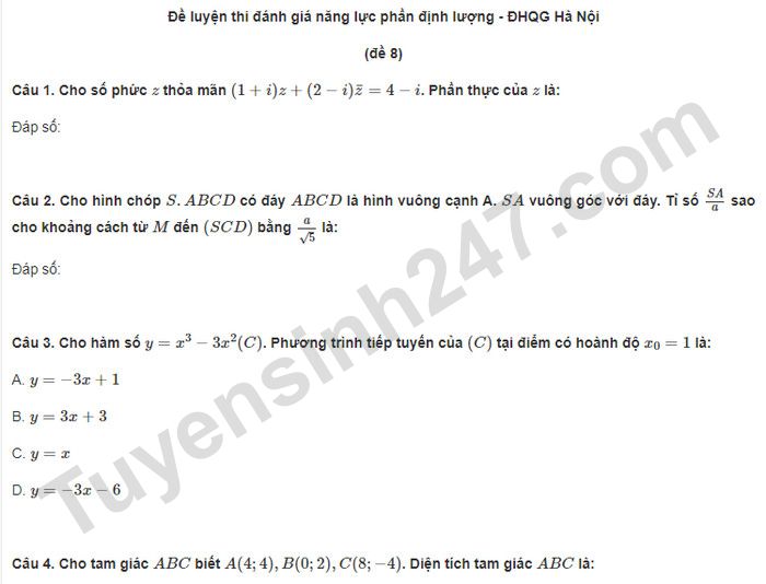 Đề luyện thi đánh giá năng lực phần định lượng - ĐHQG Hà Nội (đề 8)