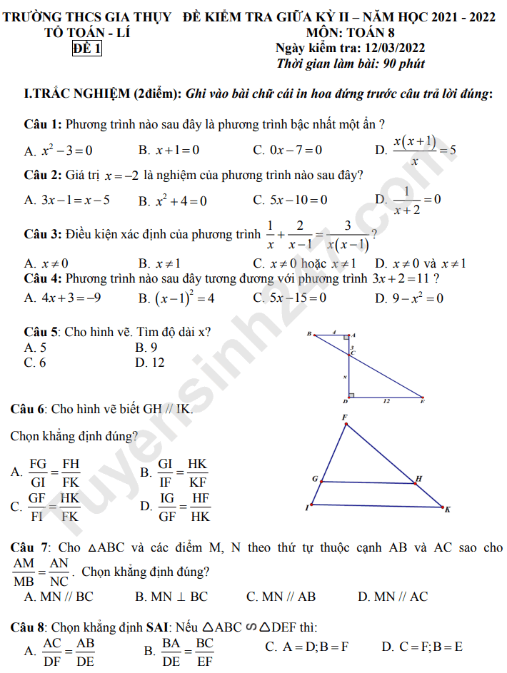 Đề thi giữa kì 2 lớp 8 môn Toán 2022 - THCS Gia Thụy 