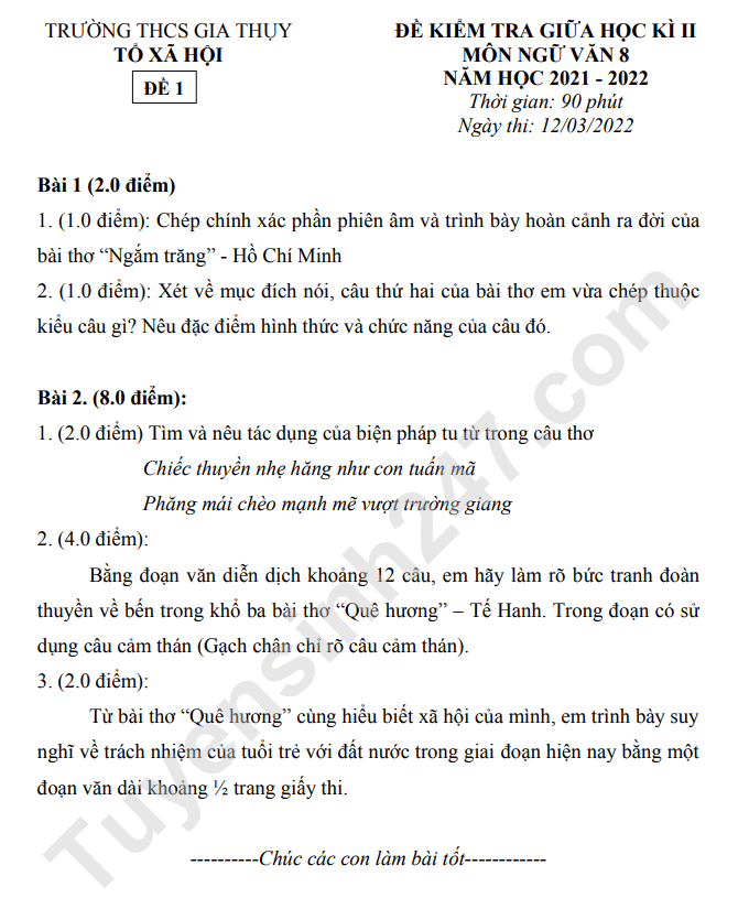 Đề kiểm tra giữa kì 2 môn Văn lớp 8 năm 2022 (Có đáp án) - THCS Gia Thụy