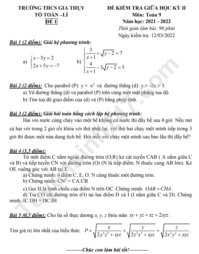 Đề kiểm tra giữa kì 2 môn Toán lớp 9 - THCS Gia Thụy 2022