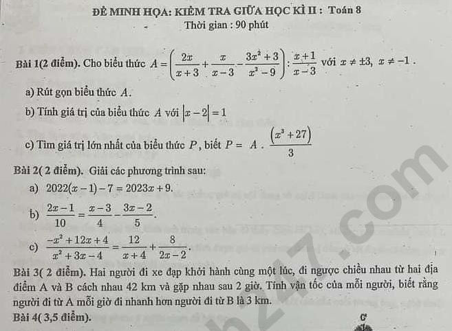 Đề thi giữa học kì 2 năm 2023 lớp 8 môn Toán - THCS Giảng Võ (Đề minh họa)