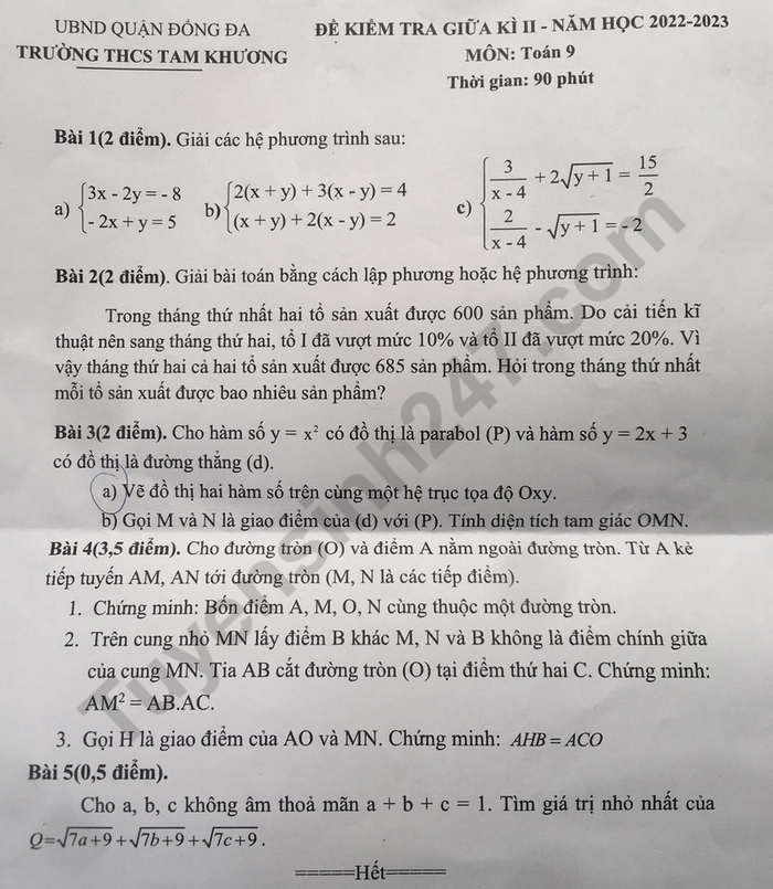 Đề giữa kì 2 lớp 9 môn Toán 2023 - THCS Tam Khương