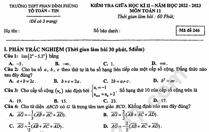 Đề thi giữa kì 2 môn Toán lớp 11 năm 2023 - THPT Phan Đình Phùng