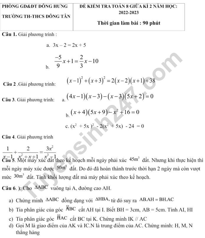 Đề giữa kì 2 lớp 8 năm 2023 môn Toán - THCS Đông Tân (Có đáp án)