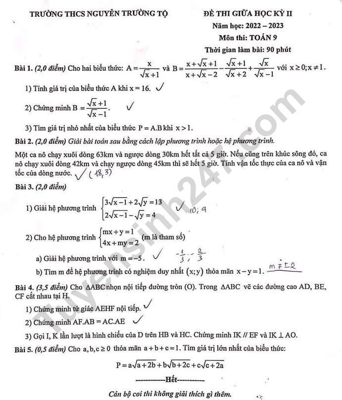 Đề giữa kì 2 môn Toán lớp 9 - THCS Nguyễn Trường Tộ 2023