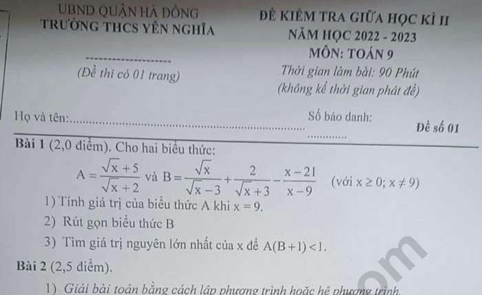 Đề kiểm tra giữa kì 2 lớp 9 năm 2023 môn Toán - THCS Yên Nghĩa