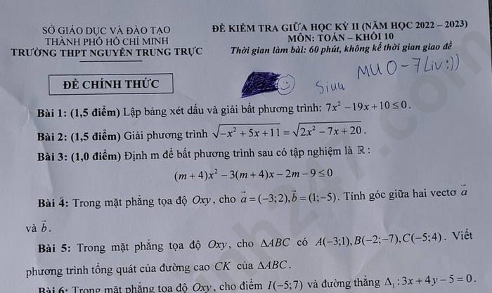 Đề thi giữa kì 2 lớp 10 môn Toán THPT Nguyễn Trung Trực 2023