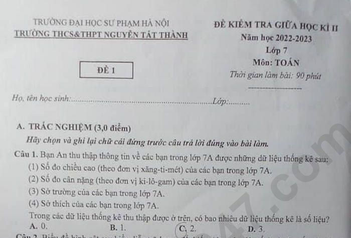 Đề thi giữa kì 2 môn Toán lớp 7 2023 THCS & THPT Nguyễn Tất Thành