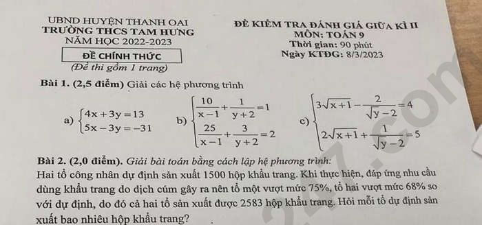 Đề thi GK 2 môn Toán lớp 9 - THCS Tam Hưng năm 2023