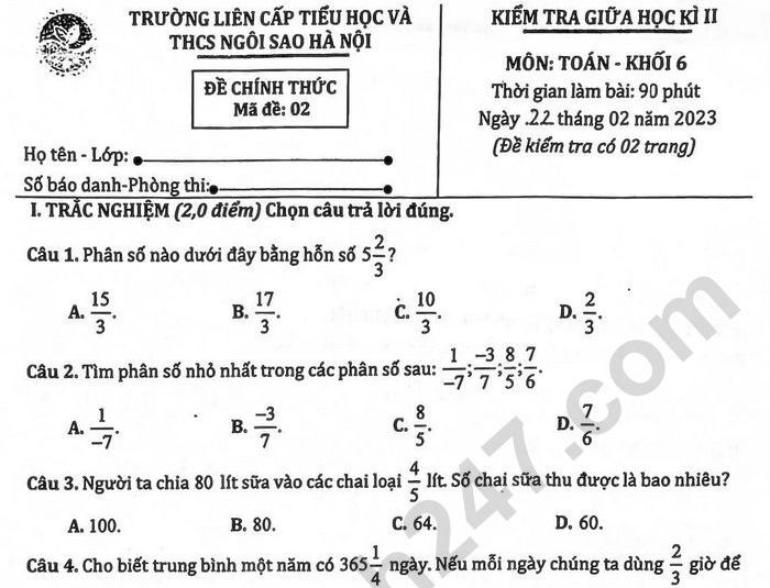 Đề giữa kì 2 năm 2023 môn Toán lớp 6 - TH&THCS Ngôi sao Hà Nội