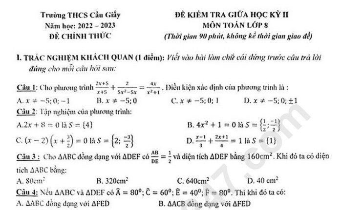 Đề thi giữa kì 2 môn Toán lớp 8 THCS Cầu Giấy năm 2023